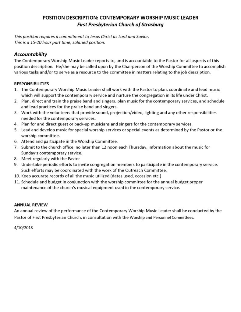 Church music minister job description