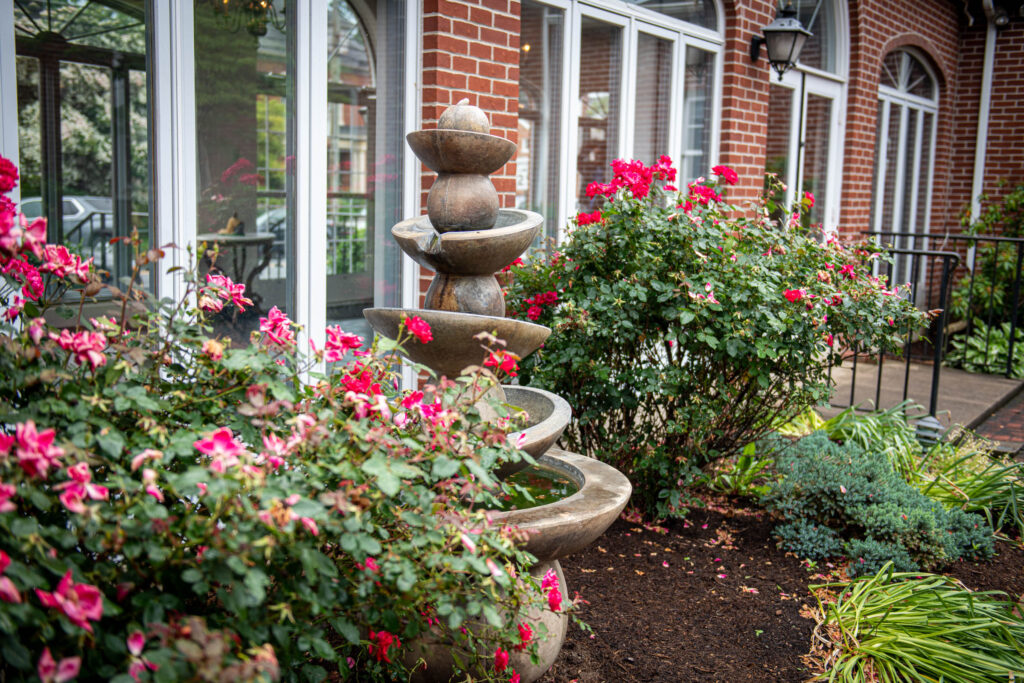 Fountain and rose bushes in the Memorial Garden